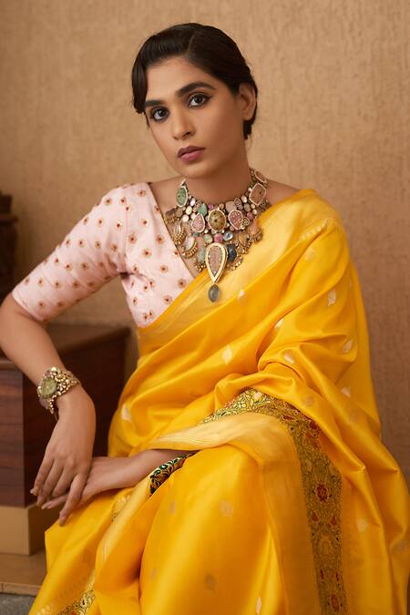 Devissha_Yellow Pure Katan Silk Floral Meenakari Handloom Banarasi Saree_Online_at_Aza_Fashions