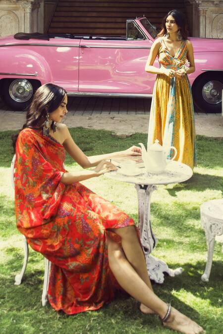Saundh_Red Natural Crepe One Shoulder Floral Print Dress_at_Aza_Fashions
