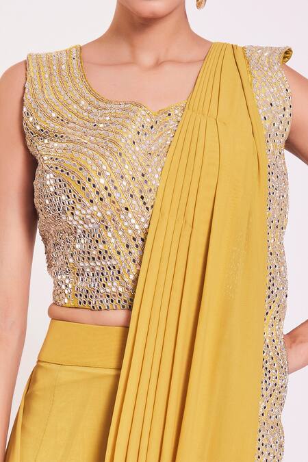 Onaya_Yellow Lycra Mirror And Cutdana Leaf Neck Embroidered Pre-draped Saree With Blouse_at_Aza_Fashions