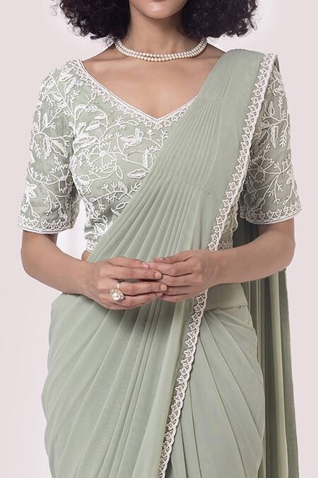 Onaya_Green Lycra Floral V Neck Pre-draped Lace Trim Saree With Work Blouse_at_Aza_Fashions