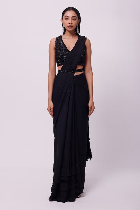Shop_Onaya_Black Georgette Sequins V Neck Embellished Blouse And Ruffle Pre-draped Saree Set _Online_at_Aza_Fashions