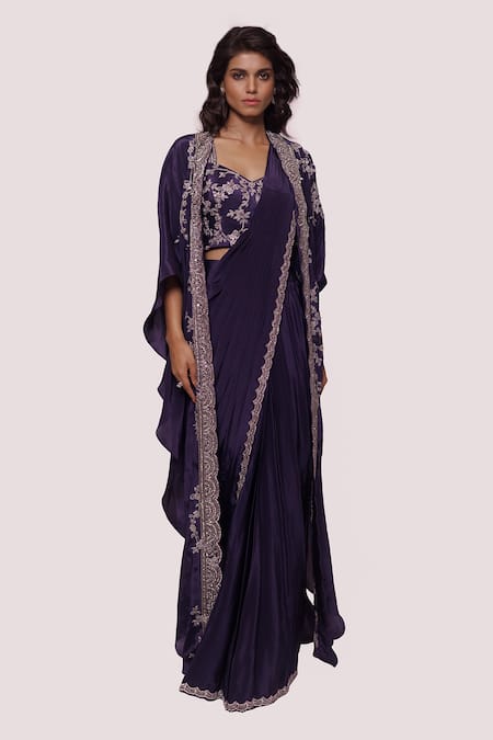 Shop Onaya Purple Crepe Embroidery Mirror Sweetheart Pre-draped Saree With Border Jacket Online at Aza Fashions Shop_Onaya_Purple Crepe Embroidery Mirror Sweetheart Pre-draped Saree With Border Jacket _Online_at_Aza_Fashions
