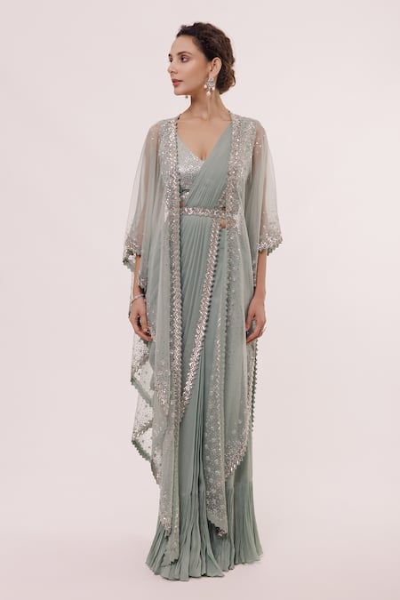 Shop Onaya Blue Georgette Embellished Sequin V Neck Jacket And Pre-stitched Saree Set Online at Aza Fashions Shop_Onaya_Blue Georgette Embellished Sequin V Neck Jacket And Pre-stitched Saree Set _Online_at_Aza_Fashions
