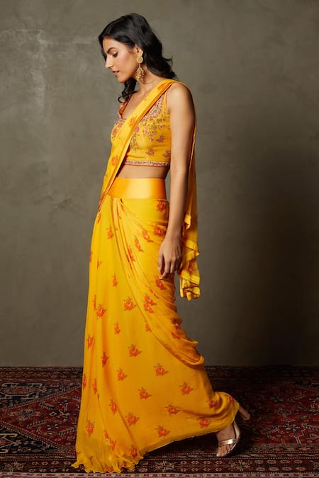 RI.Ritu Kumar_Orange Saree - Viscose Chiffon Embroidered Floral Pre-draped Set_Online_at_Aza_Fashions
