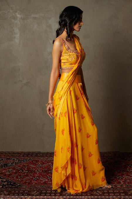 Buy_RI.Ritu Kumar_Orange Saree - Viscose Chiffon Embroidered Floral Pre-draped Set_Online_at_Aza_Fashions