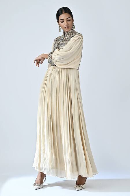Sejal Kamdar_Beige Crepe Zari, Embroidery High Neck Ajrakh Print Yoke Gathered Dress _Online_at_Aza_Fashions