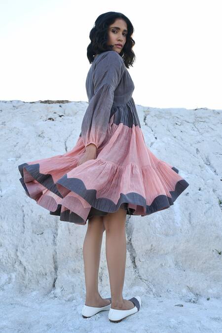 Buy_The Loom Art_Grey Chanderi Silk Applique Plunge Neck Three Tier Dress _Online_at_Aza_Fashions