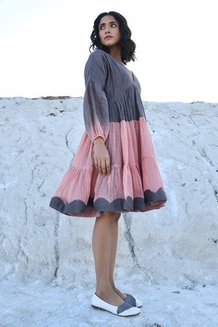 Shop_The Loom Art_Grey Chanderi Silk Applique Plunge Neck Three Tier Dress _Online_at_Aza_Fashions