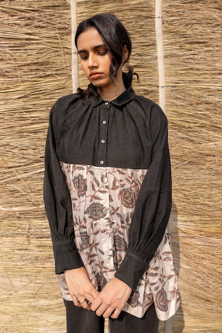 Buy_Ayaka_Black Corduroy, Viscose Collared Floral Print Shirt _Online_at_Aza_Fashions