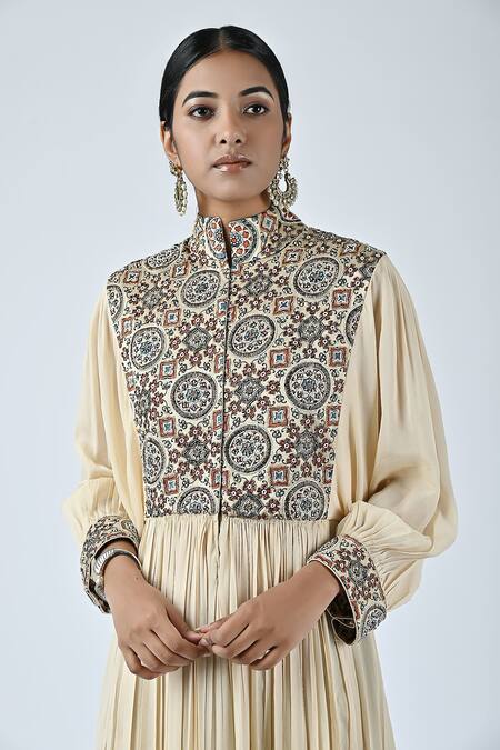 Buy_Sejal Kamdar_Beige Crepe Zari, Embroidery High Neck Ajrakh Print Yoke Gathered Dress _Online_at_Aza_Fashions