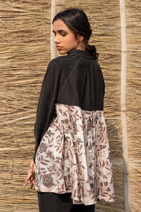 Shop_Ayaka_Black Corduroy, Viscose Collared Floral Print Shirt _Online_at_Aza_Fashions