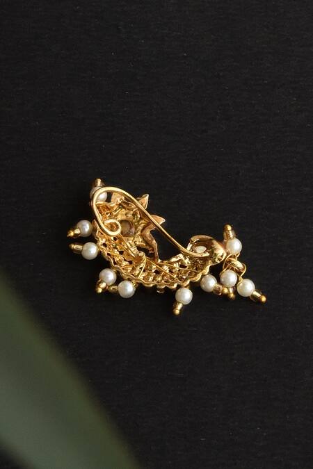 Swabhimann_Gold Plated Pearl Floral Cut Work Nose Ring_Online_at_Aza_Fashions