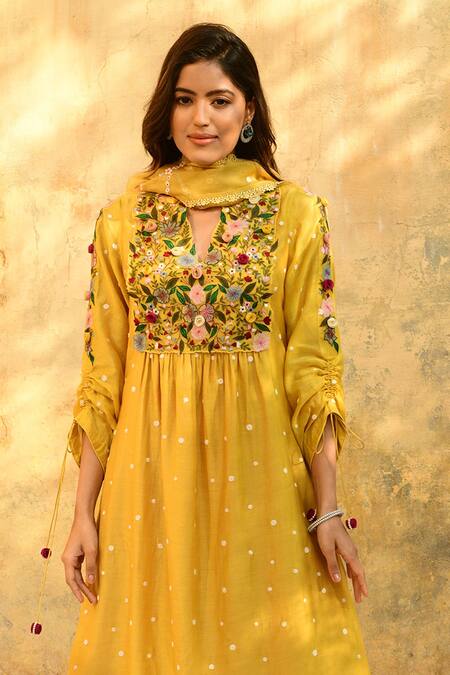 Shop_Label Niti Bothra_Yellow Silk Embroidery V-neck Floral Yoke Kurta And Pant Set _Online_at_Aza_Fashions