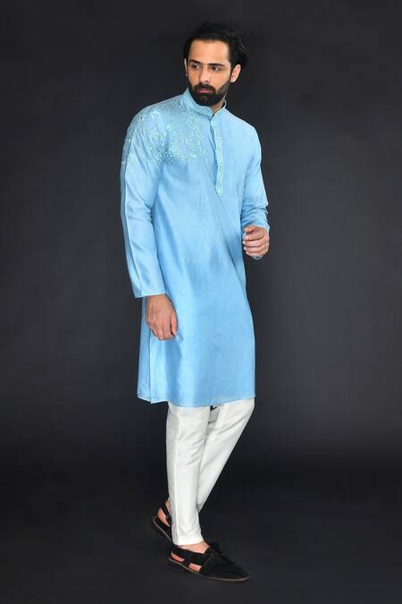 Sammohan Ceremonial_Blue Vis Silk And Spun  Lining 100% Yoke Placement Kurta Set_Online_at_Aza_Fashions