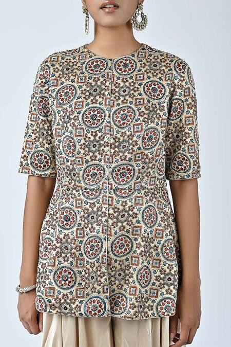 Buy_Sejal Kamdar_Beige German Satin Printed And Hand Peplum Top & Flared Pant Set  _Online_at_Aza_Fashions