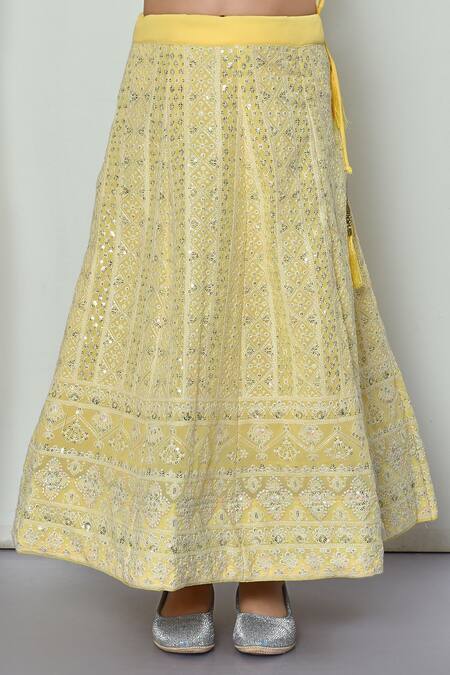 Buy_Petite Pomme_Yellow Faux Leather, Georgette Embroidery, Sequins Lucknowi Chikan Lehenga Set_Online_at_Aza_Fashions