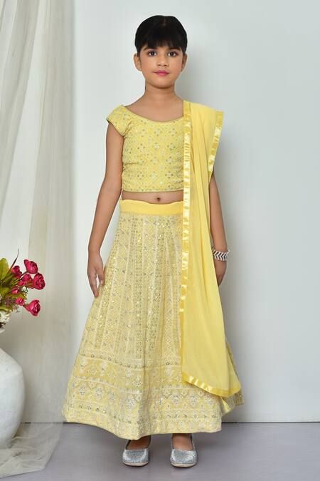Shop_Petite Pomme_Yellow Faux Leather, Georgette Embroidery, Sequins Lucknowi Chikan Lehenga Set_Online_at_Aza_Fashions