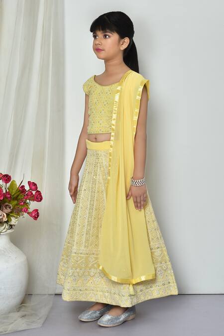 Petite Pomme_Yellow Faux Leather, Georgette Embroidery, Sequins Lucknowi Chikan Lehenga Set_at_Aza_Fashions