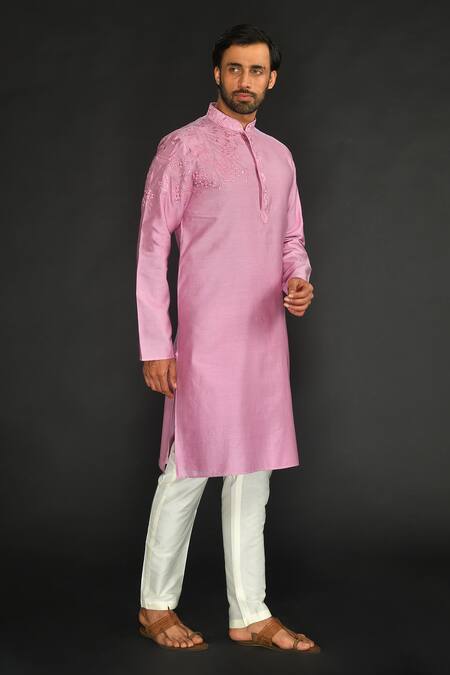 Buy_Sammohan Ceremonial_Purple Vis Silk And Spun  Lining 100% Placement Hand Kurta Set_Online_at_Aza_Fashions