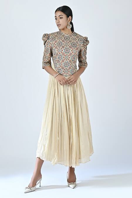 Sejal Kamdar_Beige Crepe Embroidery, Cut Work Round Neck Ajrakh Print Gathered Dress _Online_at_Aza_Fashions