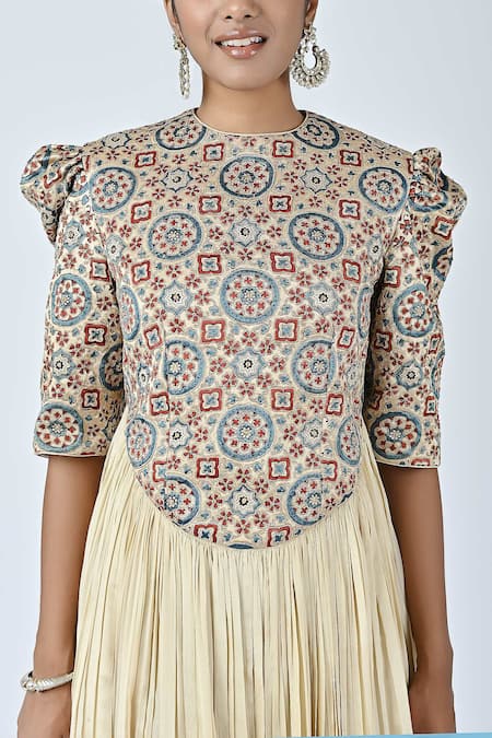 Buy_Sejal Kamdar_Beige Crepe Embroidery, Cut Work Round Neck Ajrakh Print Gathered Dress _Online_at_Aza_Fashions