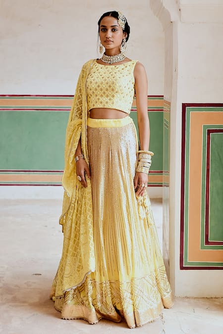 Buy_Karaj Jaipur_Yellow Georgette Chains, Sequins, Embroidery Round Neck Embellished Lehenga Set _Online_at_Aza_Fashions
