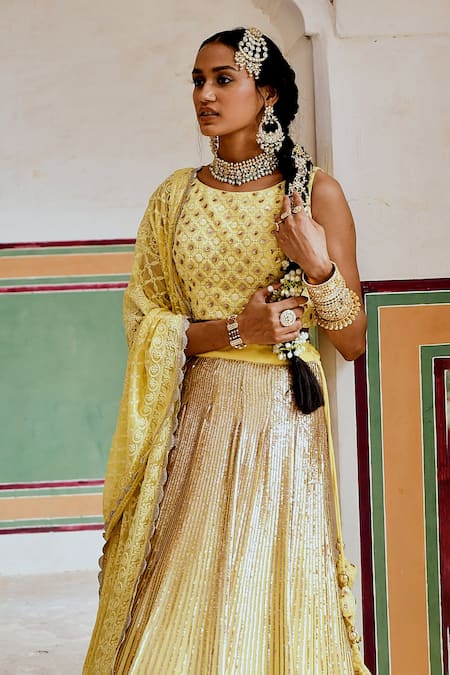 Shop_Karaj Jaipur_Yellow Georgette Chains, Sequins, Embroidery Round Neck Embellished Lehenga Set _Online_at_Aza_Fashions