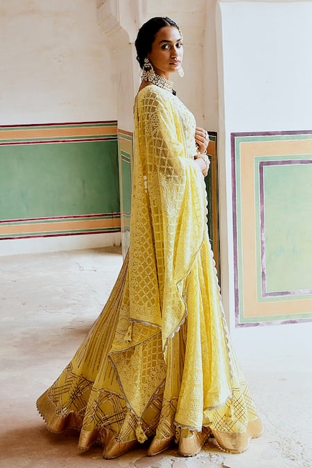 Karaj Jaipur_Yellow Georgette Chains, Sequins, Embroidery Round Neck Embellished Lehenga Set _at_Aza_Fashions