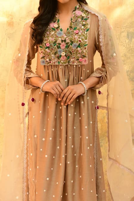 Label Niti Bothra_Ivory Silk Tassels, Embroidery Scoop Neck Polka Dot Pattern Kurta And Pant Set _Online_at_Aza_Fashions