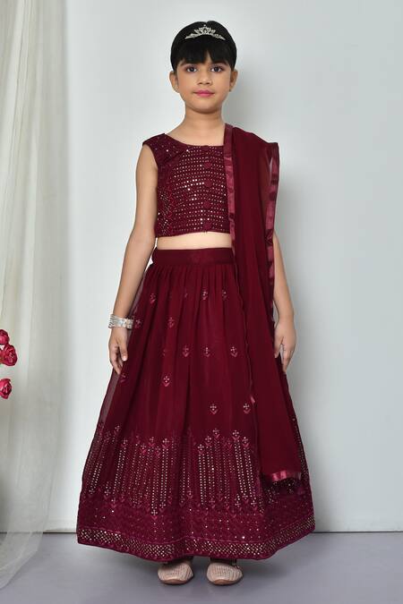Shop_Banana Bee_Wine Pure Georgette Embroidered Sequin Threadwork Lehenga Set_Online_at_Aza_Fashions