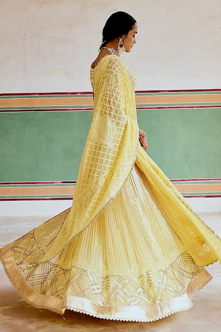 Buy_Karaj Jaipur_Yellow Georgette Chains, Sequins, Embroidery Round Neck Embellished Lehenga Set 