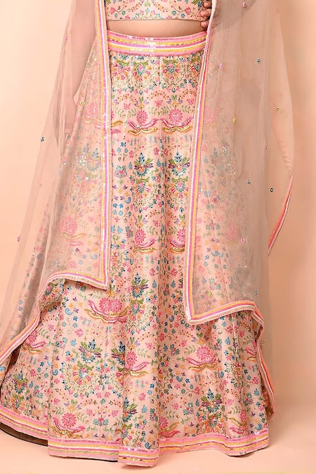 Buy_Priyanka Jain_Multi Color Silk, Denim, Organza Sequins, Floral Mughal Print Lehenga Set _Online_at_Aza_Fashions