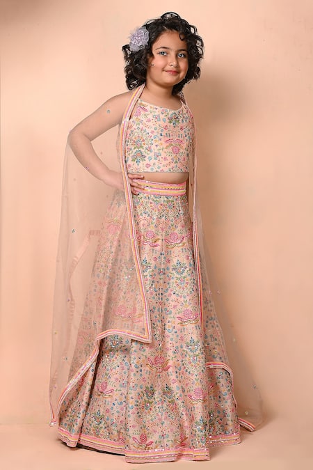 Shop_Priyanka Jain_Multi Color Silk, Denim, Organza Sequins, Floral Mughal Print Lehenga Set _Online_at_Aza_Fashions