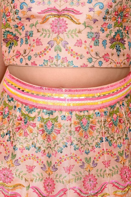 Priyanka Jain_Multi Color Silk, Denim, Organza Sequins, Floral Mughal Print Lehenga Set _at_Aza_Fashions