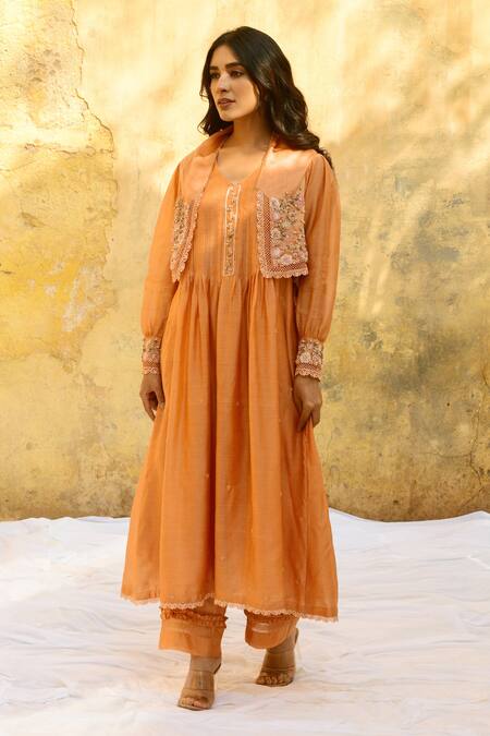 Label Niti Bothra Peach Silk, Organza Pearls, Beads Floret Embroidered Jacket Kurta And Palazzo Set Online at Aza Fashions Label Niti Bothra_Peach Silk, Organza Pearls, Beads Floret Embroidered Jacket Kurta And Palazzo Set _Online_at_Aza_Fashions