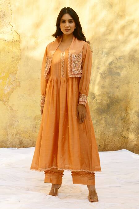 Shop Label Niti Bothra Peach Silk, Organza Pearls, Beads Floret Embroidered Jacket Kurta And Palazzo Set Online at Aza Fashions Shop_Label Niti Bothra_Peach Silk, Organza Pearls, Beads Floret Embroidered Jacket Kurta And Palazzo Set _Online_at_Aza_Fashions