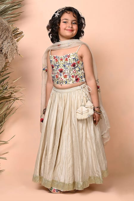 Shop_Priyanka Jain_Ivory Chanderi, Organza Sequins French Knot Embroidered Blouse Lehenga Set _Online_at_Aza_Fashions