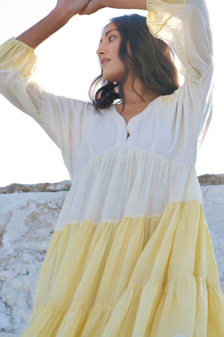 Buy_The Loom Art_White Chanderi Silk Embroidery Plunge Neck Balloon Sleeves Tier Dress _Online_at_Aza_Fashions