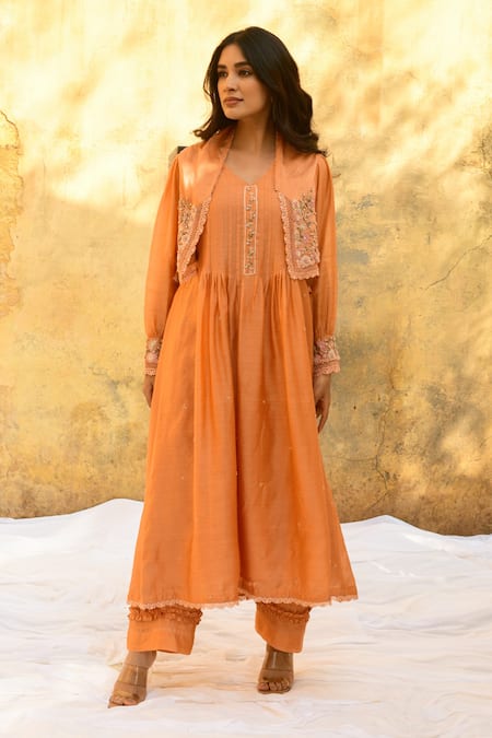 Label Niti Bothra Peach Silk, Organza Pearls, Beads Floret Embroidered Jacket Kurta And Palazzo Set at Aza Fashions Label Niti Bothra_Peach Silk, Organza Pearls, Beads Floret Embroidered Jacket Kurta And Palazzo Set _at_Aza_Fashions