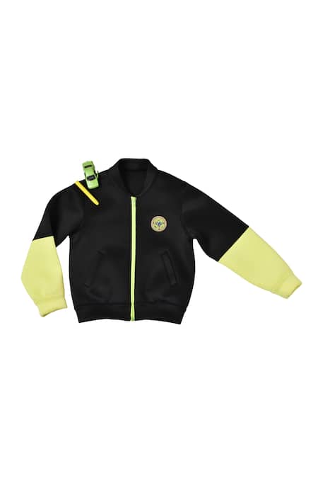 Partykles_Black Neoprene Embroidery Sleeve Detailing Jacket _Online_at_Aza_Fashions