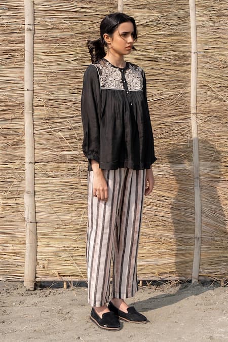 Ayaka_Black Viscose, Silk Organza Embroidery Round Neck Floral Yoke Top _Online_at_Aza_Fashions