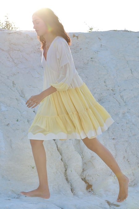 Shop_The Loom Art_White Chanderi Silk Embroidery Plunge Neck Balloon Sleeves Tier Dress _Online_at_Aza_Fashions