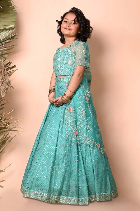 Shop_Priyanka Jain_Blue Chanderi Sequins, Crystals, Diamonds Floral Embellished Cape Lehenga Set _Online_at_Aza_Fashions