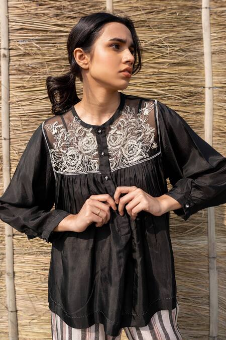 Buy_Ayaka_Black Viscose, Silk Organza Embroidery Round Neck Floral Yoke Top _Online_at_Aza_Fashions