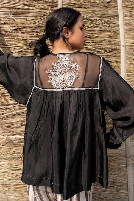 Shop_Ayaka_Black Viscose, Silk Organza Embroidery Round Neck Floral Yoke Top _Online_at_Aza_Fashions