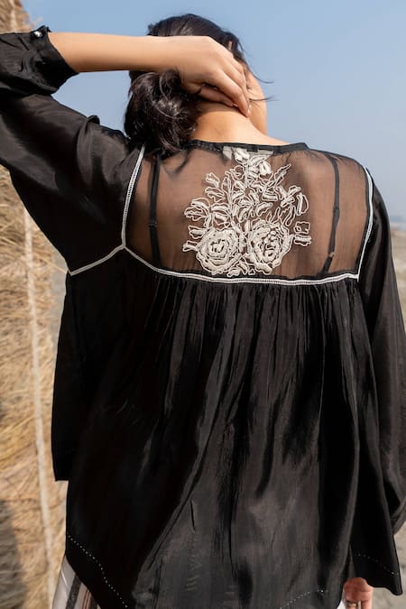 Ayaka_Black Viscose, Silk Organza Embroidery Round Neck Floral Yoke Top _at_Aza_Fashions