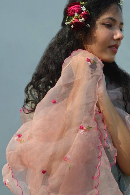 Buy_Studio Malang_Peach Thread Work And Polka Dots Print Rose Embroidered Stole_Online_at_Aza_Fashions