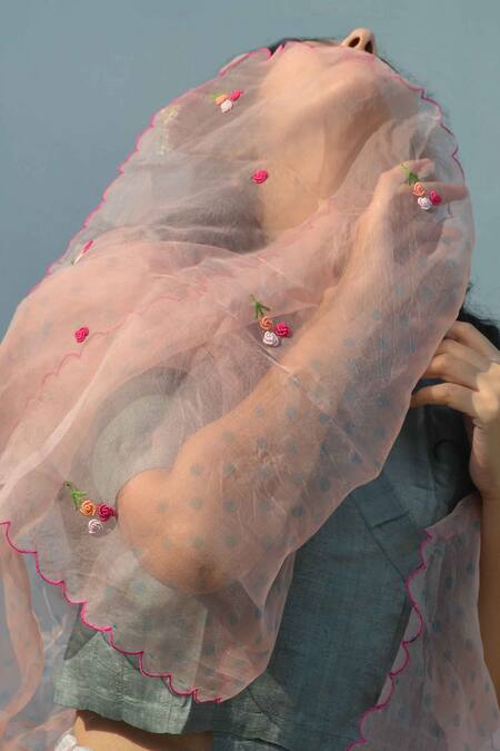 Shop_Studio Malang_Peach Thread Work And Polka Dots Print Rose Embroidered Stole_Online_at_Aza_Fashions