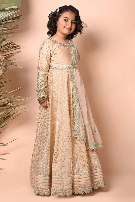 Priyanka Jain_Gold Chanderi, Net Sequins Kalidar Floral Pattern Anarkali With Dupatta _Online_at_Aza_Fashions