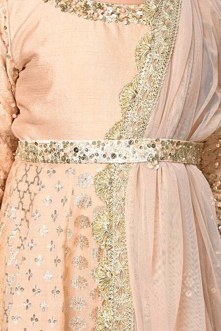 Buy_Priyanka Jain_Gold Chanderi, Net Sequins Kalidar Floral Pattern Anarkali With Dupatta _Online_at_Aza_Fashions